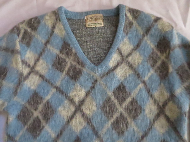 60年代 Toll River Knitting mills アーガイル柄 Vネック モヘア×ウールニットセーター メンズS ヴィンテージ /evb002565